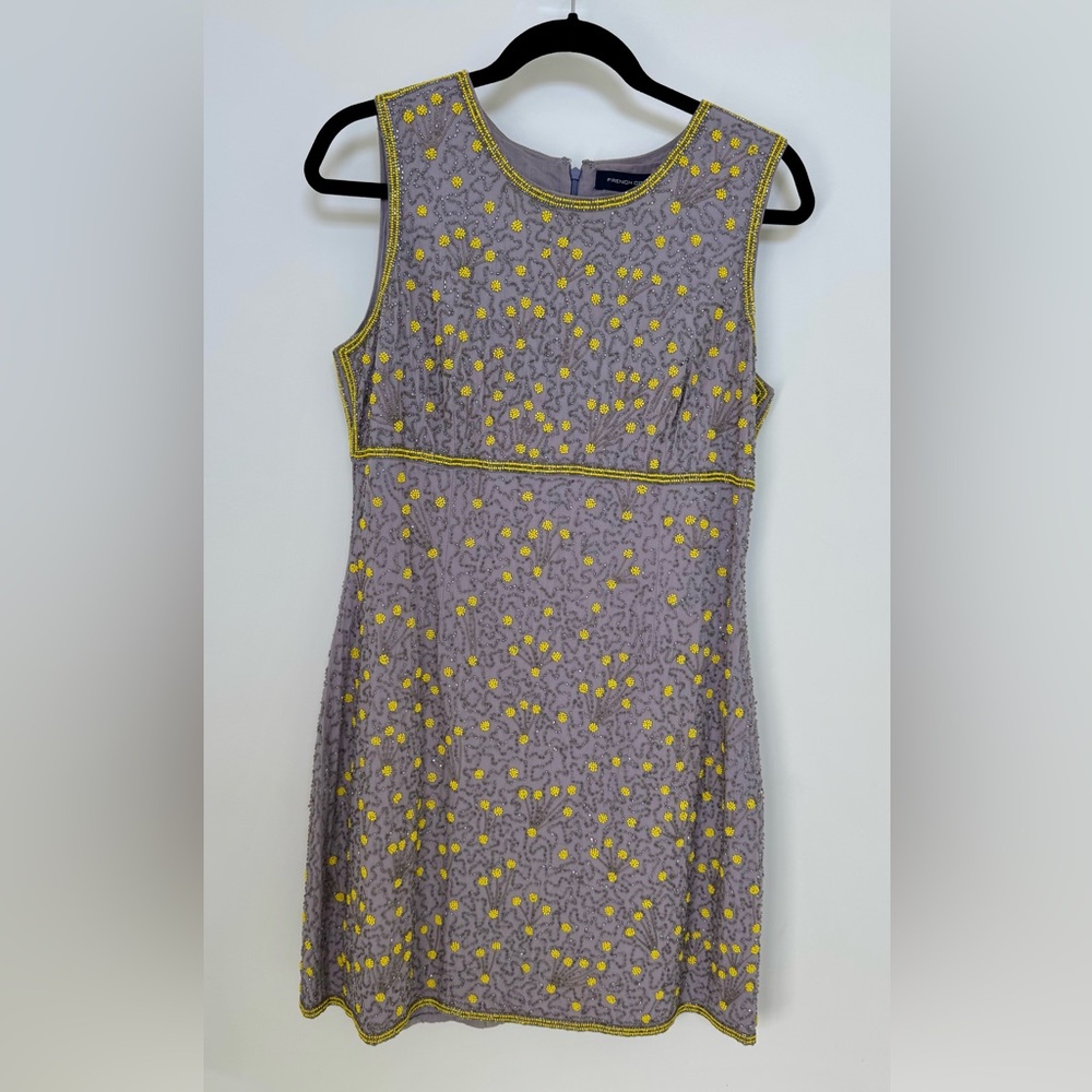 French Connection Gray Dress with Yellow Floral beaded Accents